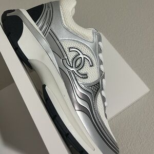 CHANEL Women's Silver and White Sneakers